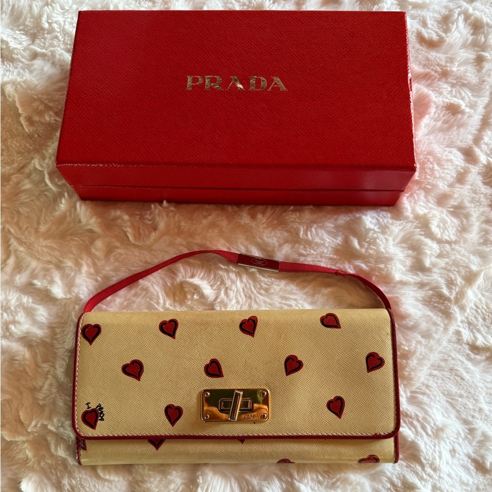 Prada Cream Heart Print Clutch with Red Trim